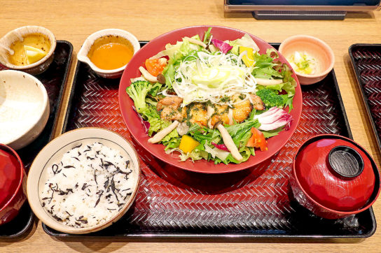 炭火焼きバジルチキンと10種の野菜サラダ定食