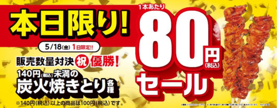 炭火焼きとりが80円に