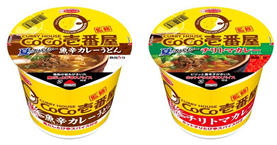 「CoCo壱番屋監修 魚辛カレーうどん」108gと「同 チリトマカレーラーメン」112g、各200円(税別)