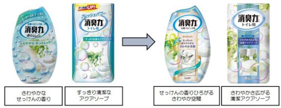 「玄関・リビング用 消臭力」と「消臭力 トイレ用」パッケージ一新