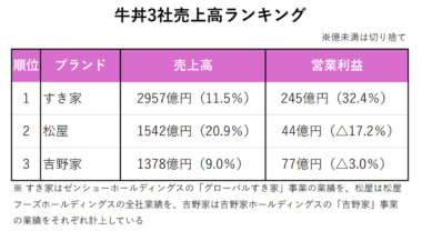 牛丼3社業績ランキング／すき家増益、松屋・吉野家は人件費増で減益