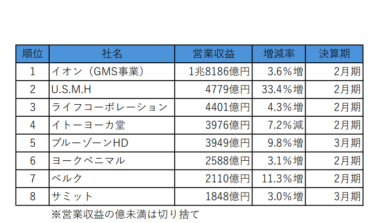 主要スーパー売上高ランキング／8社すべて増収、既存店改装・DXが増益のカギ