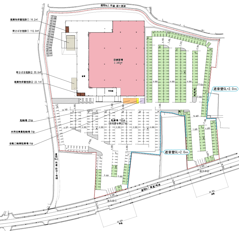 スーパーセンタートライアル阿波土成店の建物配置図、1階平面図