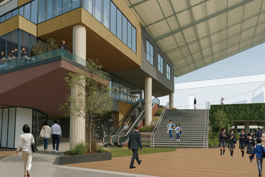 1階駅前南コンコースの大階段と駅前商業施設イメージ